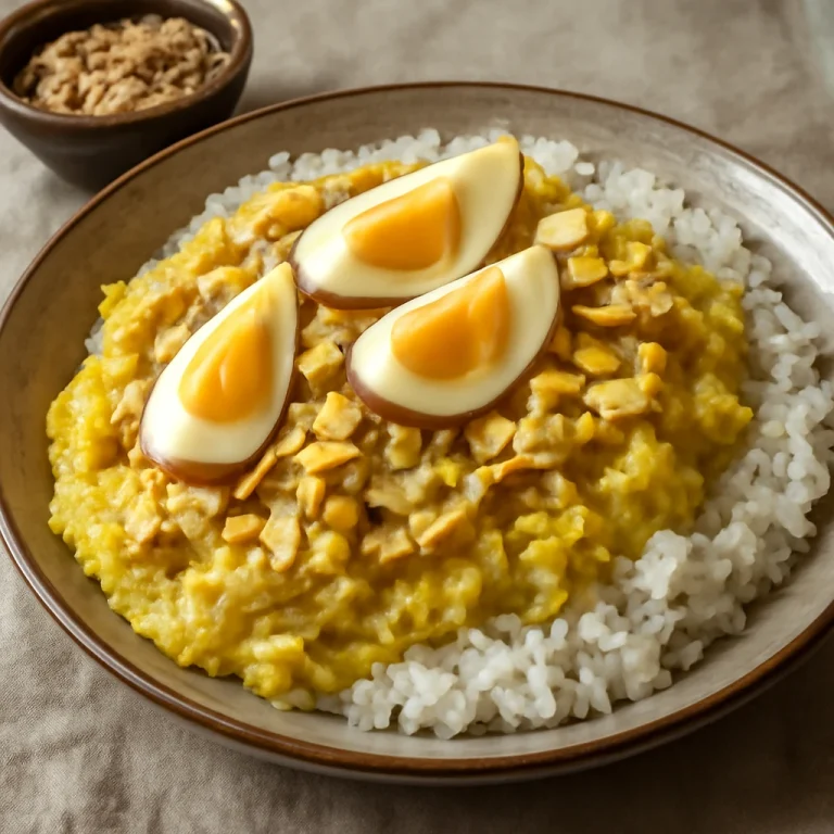 Ají de Gallina hagymával tálalva, friss tojással és mandulaforgáccsal