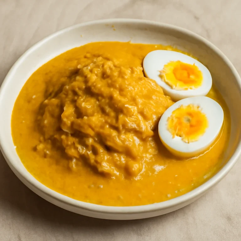 Ají de gallina tojással, gazdag mártásban tálalva