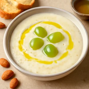 Friss, hideg ajo blanco leves, gazdag mandulás és fokhagymás ízzel, szőlővel díszítve.