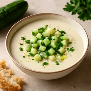 Friss, hideg Ajo blanco uborkával tálalva