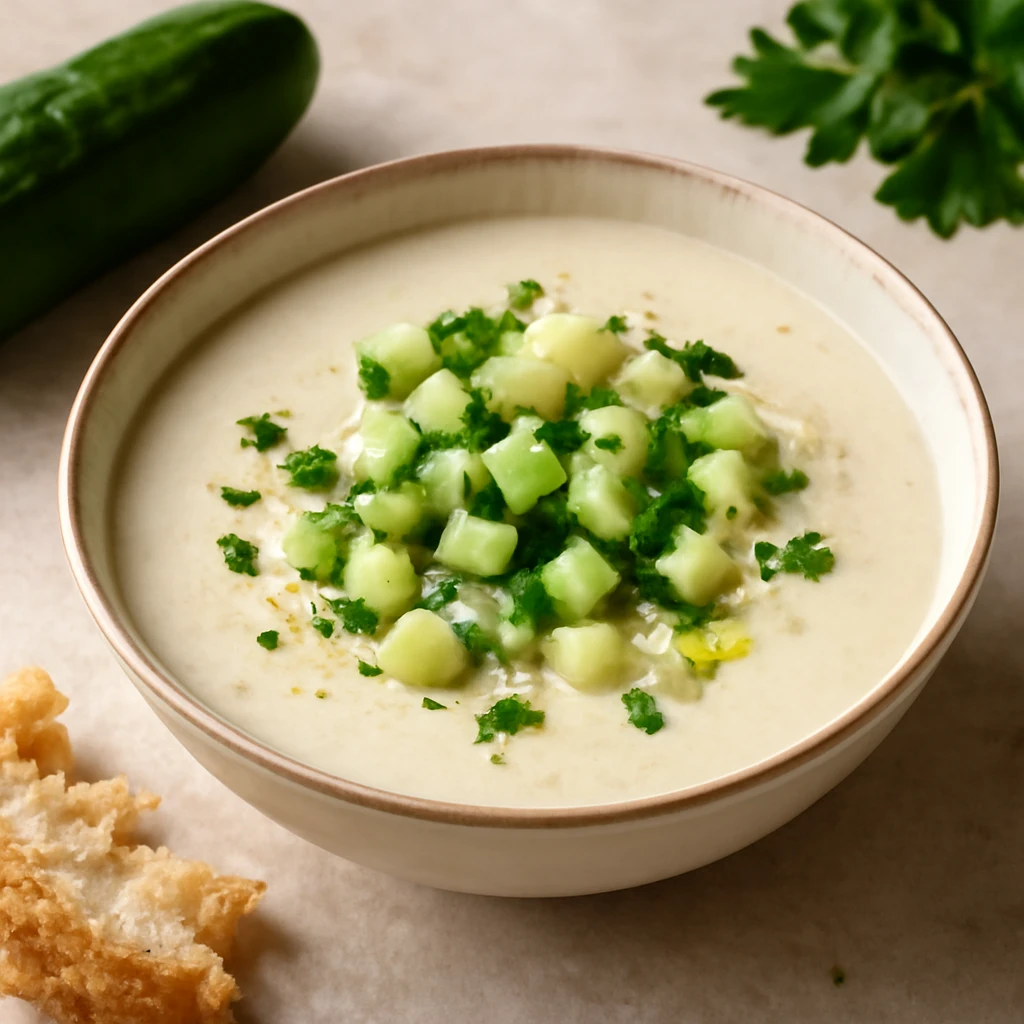 Friss, hideg Ajo blanco uborkával tálalva