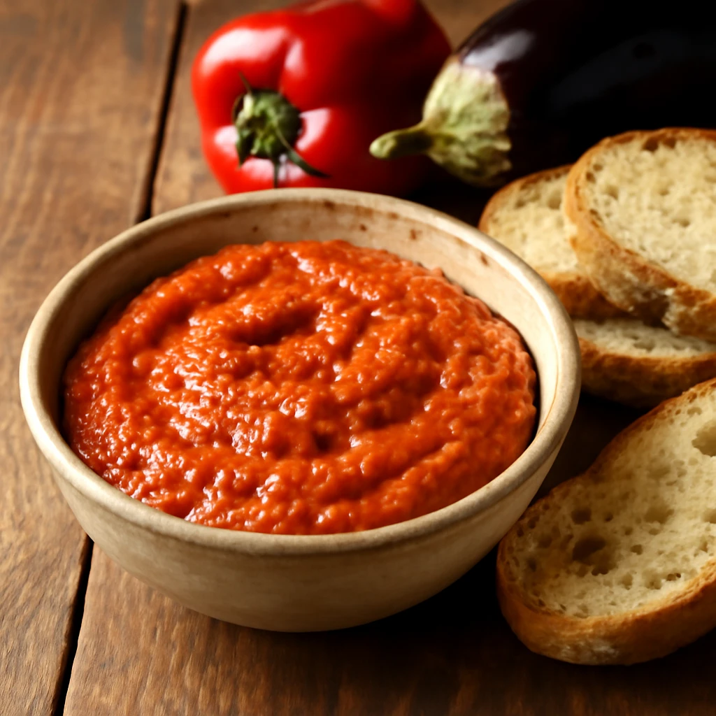 Ajvar szósz friss kenyérrel tálalva