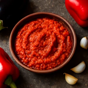 Friss, fokhagymás ajvar szósz tálalva