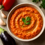 Ajvar olívaolajjal tálalva, friss fűszerekkel díszítve