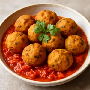 Ropogós akara golyók, paradicsomos szószban tálalva, korianderrel díszítve