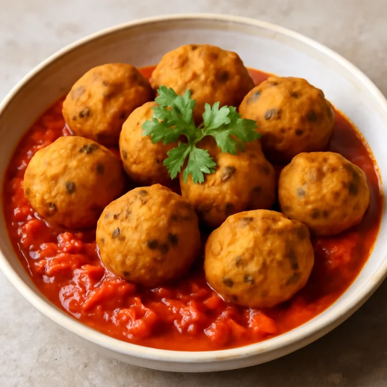 Akara golyók paradicsomszósszal tálalva, friss korianderrel díszítve