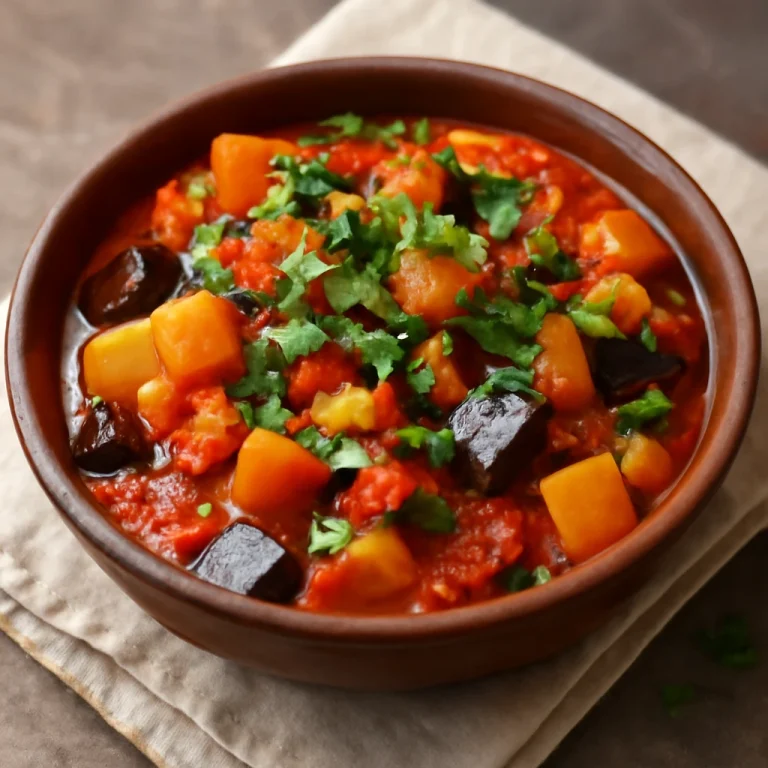 Alboronía tökkel, padlizsánnal és friss cilantro-val tálalva