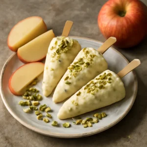 Friss alma kulfi, fahéjjal és pisztáciával díszítve