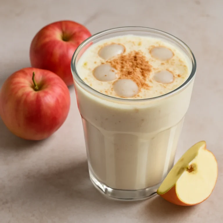 Alma lassi tálalva jégkockákkal és fahéjjal