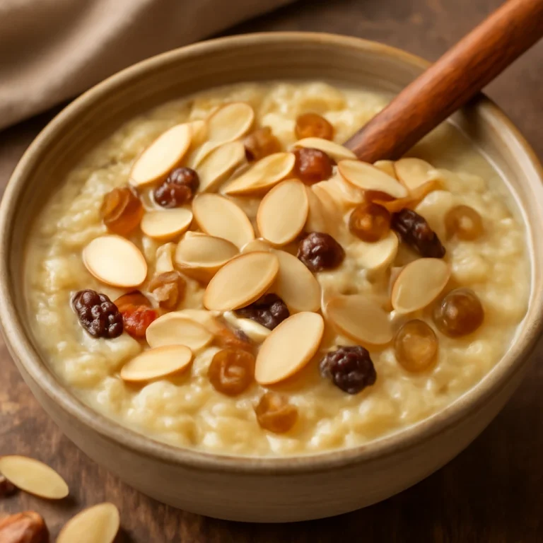 Almond Kheer mandulával, rózsavízzel és száraz gyümölcsökkel díszítve