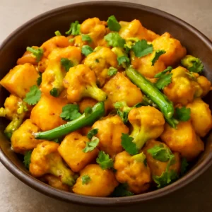 Indiai Aloo gobi csípős paprikával és korianderrel