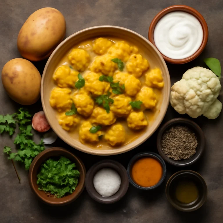 Aloo gobi joghurttal, friss korianderrel díszítve