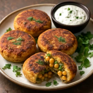 Indiai étel aloo tikki csicseriborsó töltelékkel, friss korianderrel