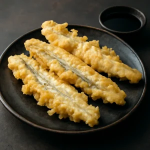 Ropogós anago tempura, szójaszósszal tálalva