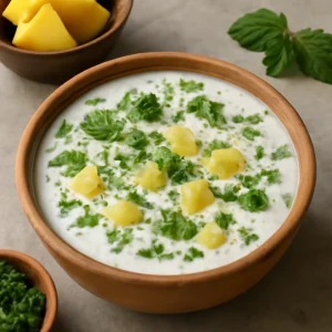 Friss, joghurtos ananászos raita, fűszerekkel tálalva