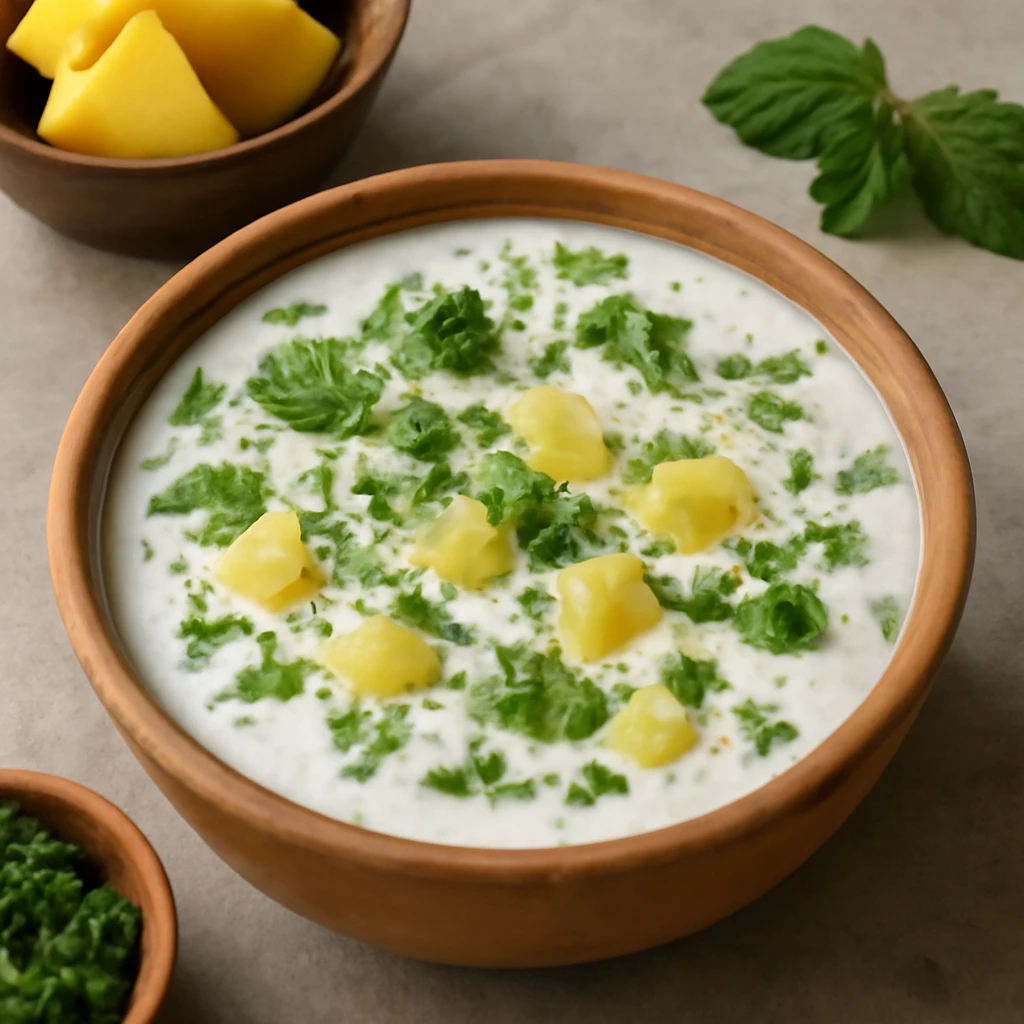 Friss, joghurtos ananászos raita, fűszerekkel tálalva
