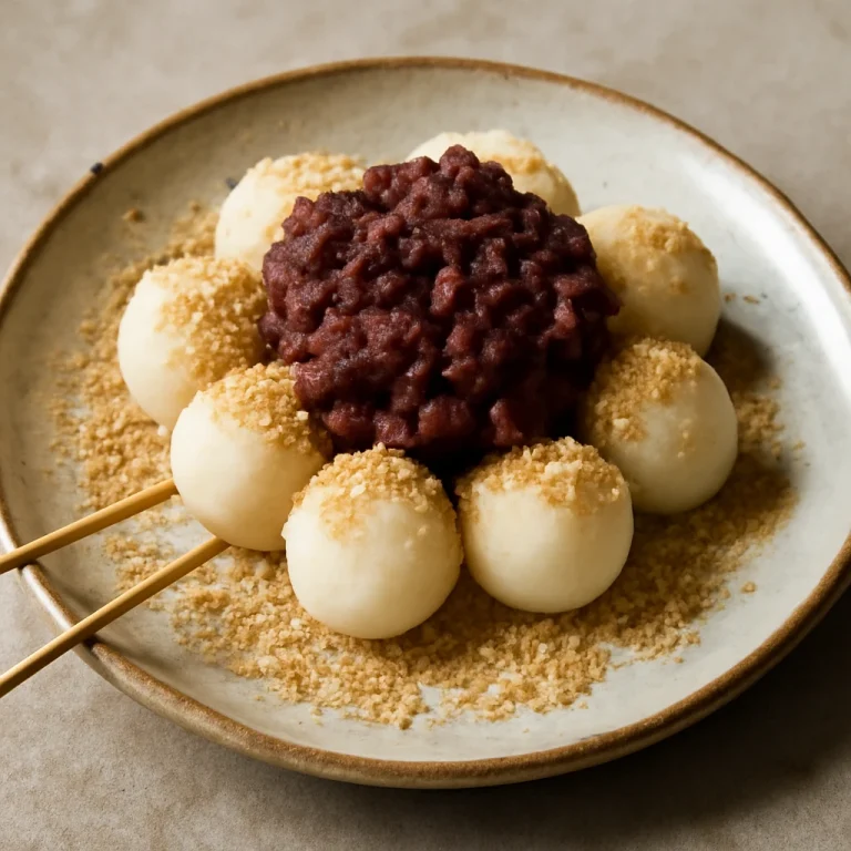 Anko dango tálalva pörkölt szója liszttel és édes babpürével