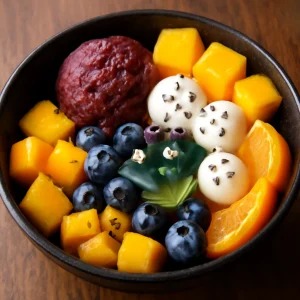 Színes és gazdag japán anmitsu, shiratama dango és anko