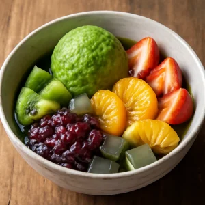 Friss Anmitsu gyümölcsökkel, vörösbab pasztával és matcha fagylalttal