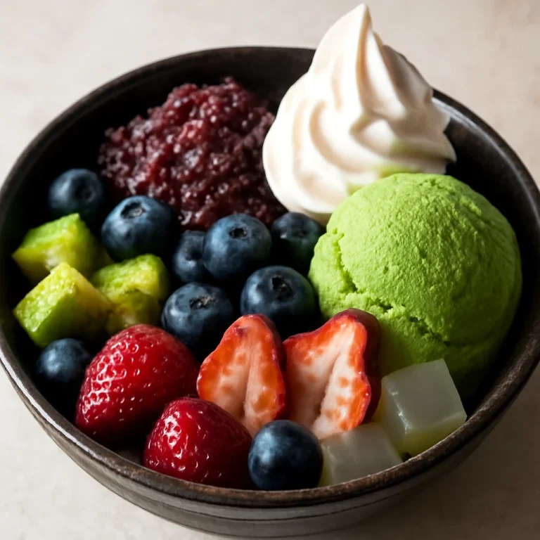 Anmitsu gyümölcsökkel, tejszínhabbal és matcha fagylalttal tálalva