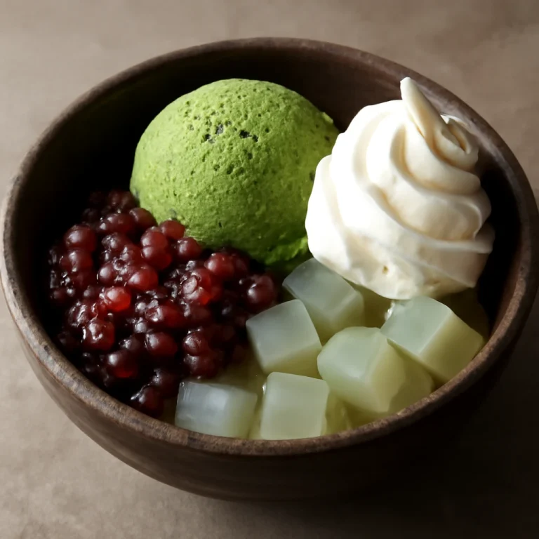 Anmitsu tejszínhabbal és matcha fagylalttal, japán édesség agar-agarral és vörös babpürével
