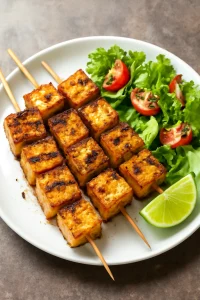 Grillezett tofu nyársak friss fűszerekkel