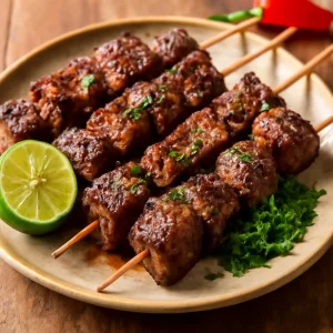 Fűszeres anticucho de alpaca, grillezve lime szeletekkel és petrezselyemmel