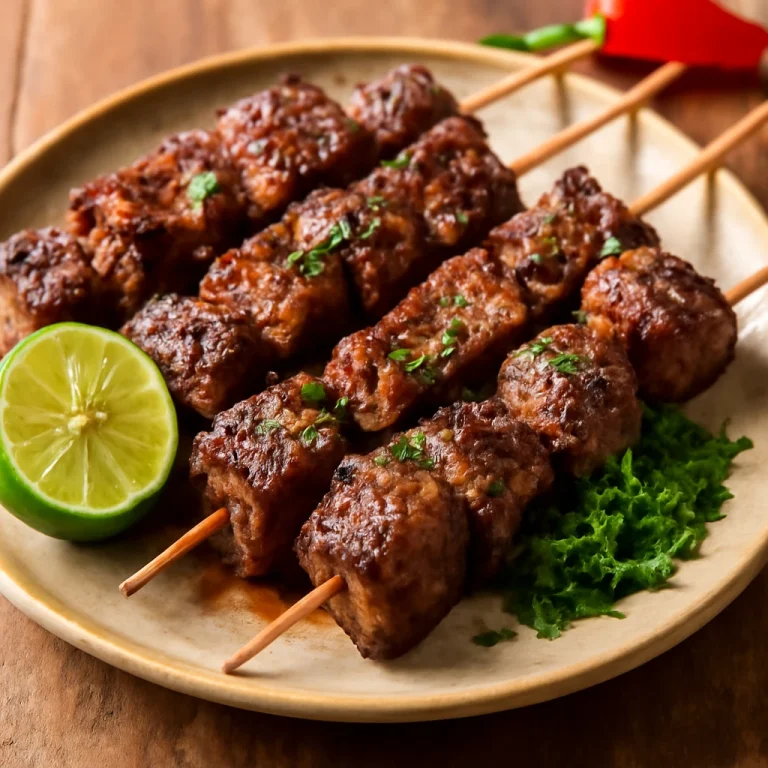 Grillezett anticucho de alpaca tálalva lime szeletekkel és petrezselyemmel