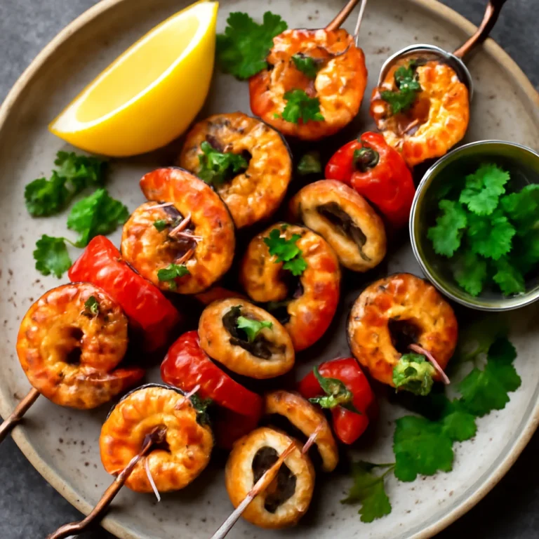 Anticucho de mariscos tengeri étel nyárson, korianderrel és citrommal tálalva