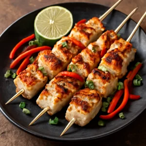 Grillezett hal anticucho stílusban, friss zöldségekkel és fűszerekkel