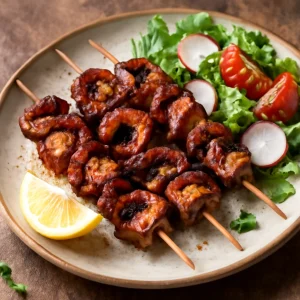 Grillezett polip nyársak friss fűszerekkel