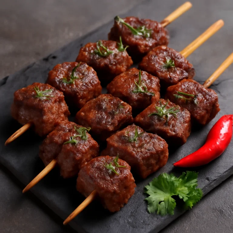 Anticucho gluténmentes, grillezett marhahús friss korianderrel díszítve