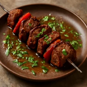 Perui anticucho, grillezett fűszeres marhahússal és friss korianderrel