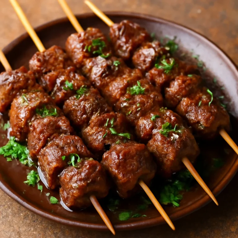 Grillezett anticucho marhahússal, petrezselyemmel díszítve