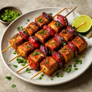 Fűszeres grillezett vegán anticucho tofuval és zöldségekkel