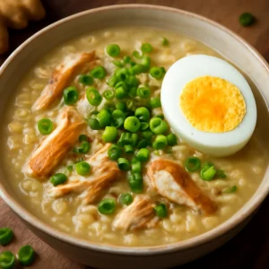 Filippínó arroz caldo csirkeleves, friss zöldhagymával és főtt tojással