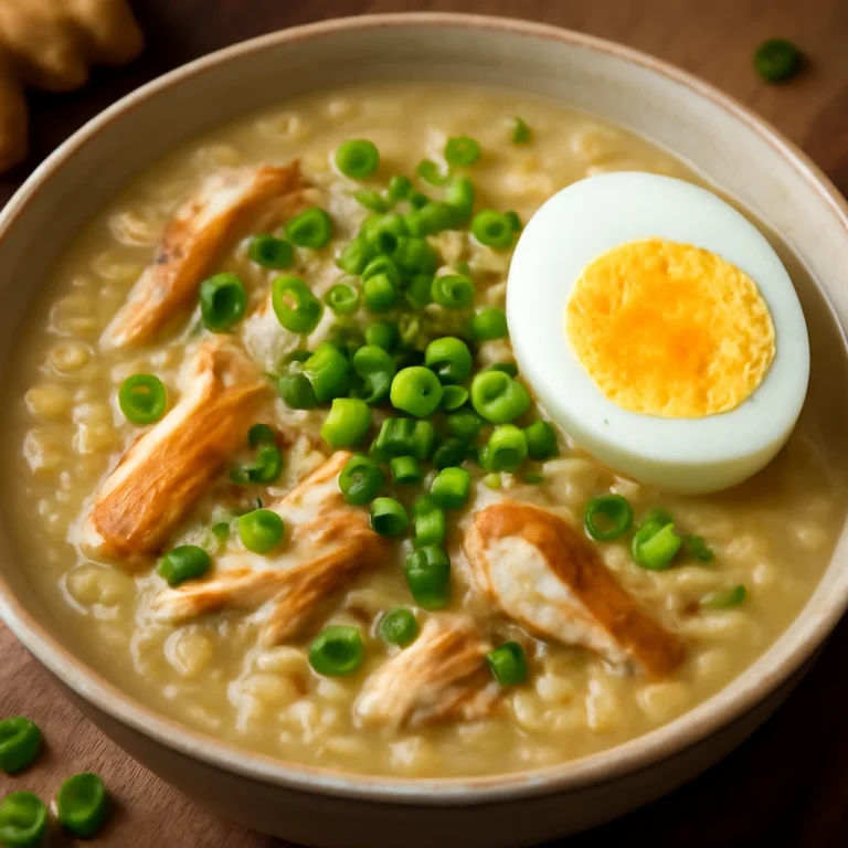 Arroz Caldo gyömbéres, ínycsiklandó csirkeleves friss zöldhagymával és főtt tojással tálalva