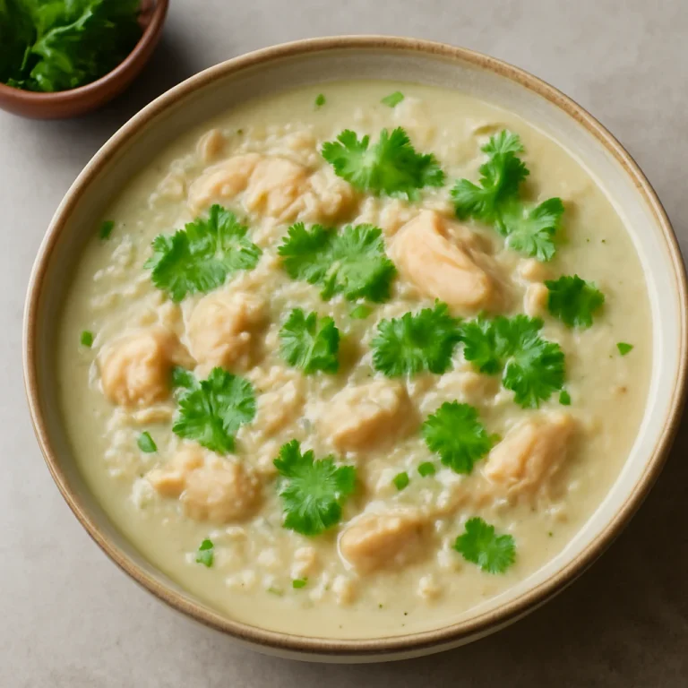 Arroz Caldo kókuszos csirkével, friss korianderrel tálalva