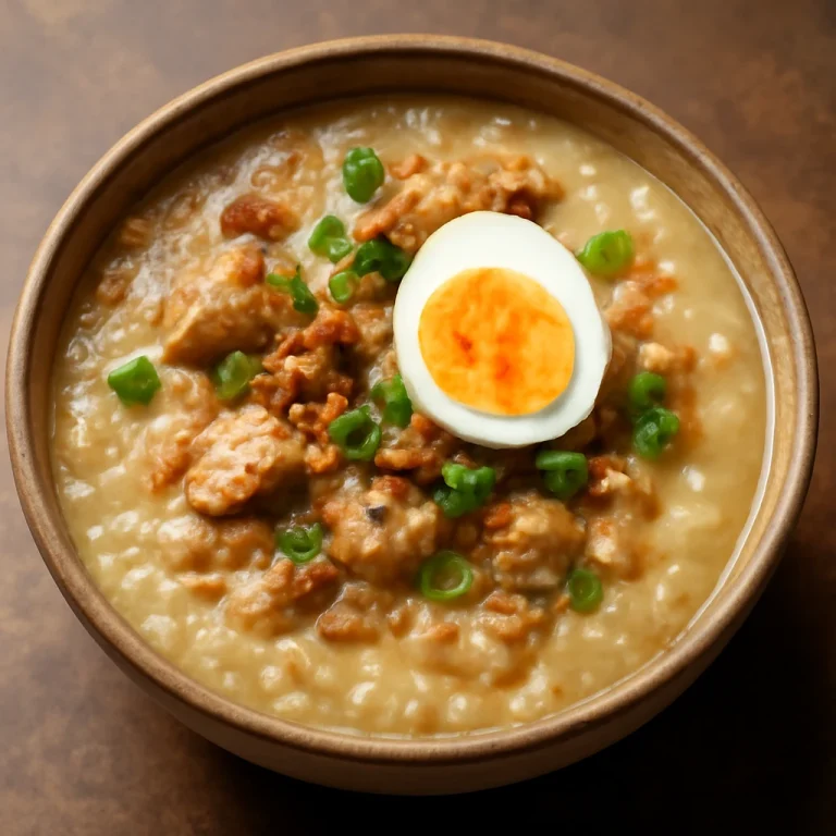 Arroz Caldo pörkölt fokhagymás, tojással és friss zöldhagymával tálalva