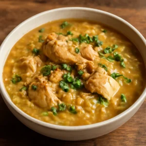 Arroz Caldo gazdag csirke darabokkal és pörkölt rizses alapanyagokkal