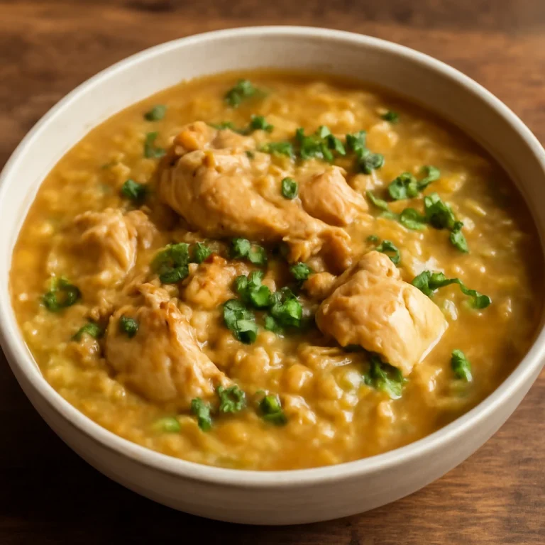 Arroz Caldo pörkölt rizses étel, gazdag rizs és csirke darabokkal, friss korianderrel