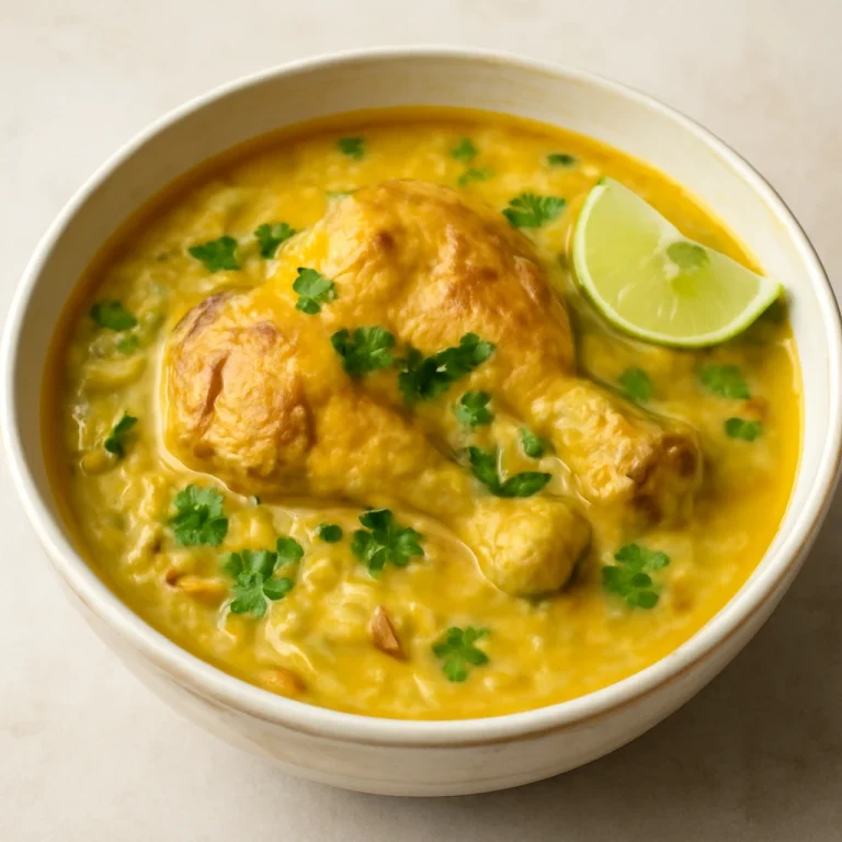Arroz Caldo sáfrányos csirkével, friss korianderrel tálalva