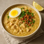 Arroz Caldo tojással tálalva, selymes rizskásaként csirkével és zöldhagymával