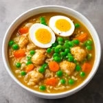 Friss Arroz Caldo zöldségekkel, tojással és korianderrel tálalva