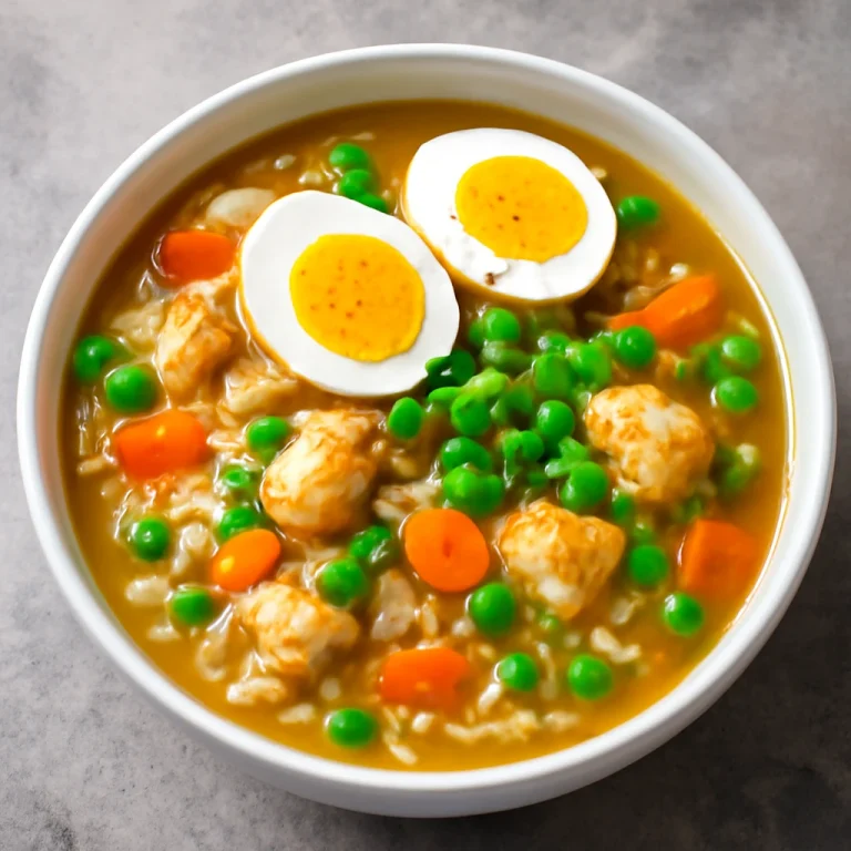 Friss Arroz Caldo zöldségekkel, tojással és korianderrel tálalva
