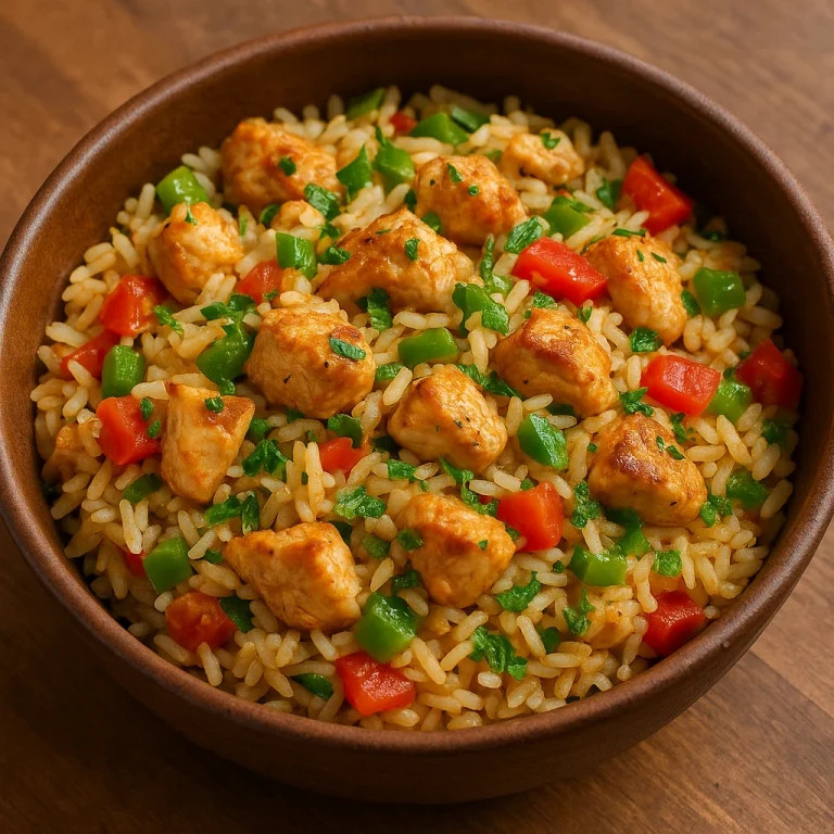 Arroz carreteiro csirkével – brazil rizses egytálétel zöldségekkel és pirított csirkedarabokkal tálalva