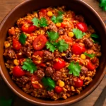 Arroz carreteiro fűszeres változatban, gazdag rizses étel, húsokkal és zöldségekkel tálalva