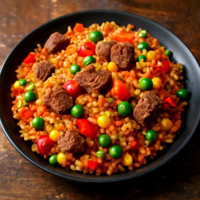 Arroz carreteiro maradék hússal, zöldborsóval és kukoricával tálalva