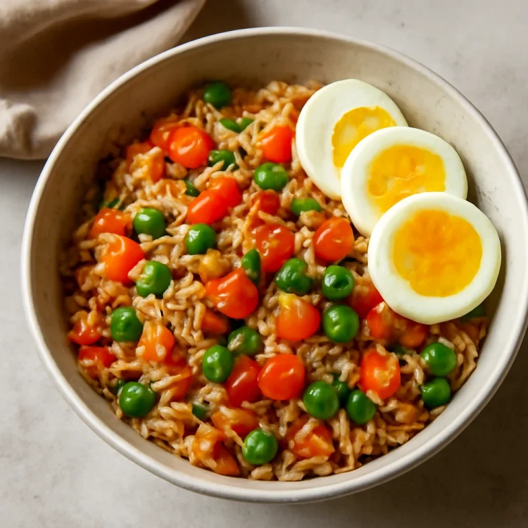 Arroz Chaufa zöldségekkel tálalva, tojás szeletekkel és pirított zöldségekkel