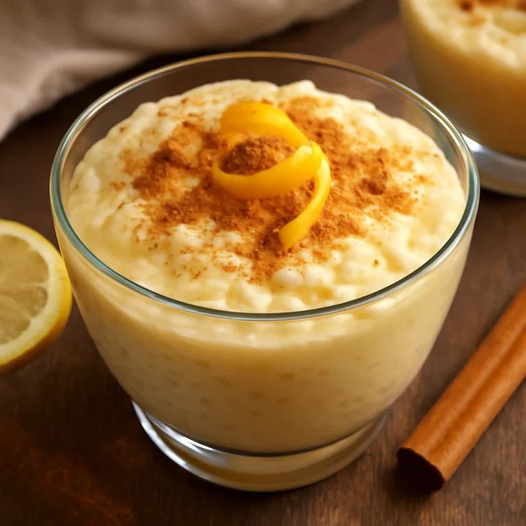 Arroz doce tojássárgájával, fahéjjal és citromhéjjal tálalva